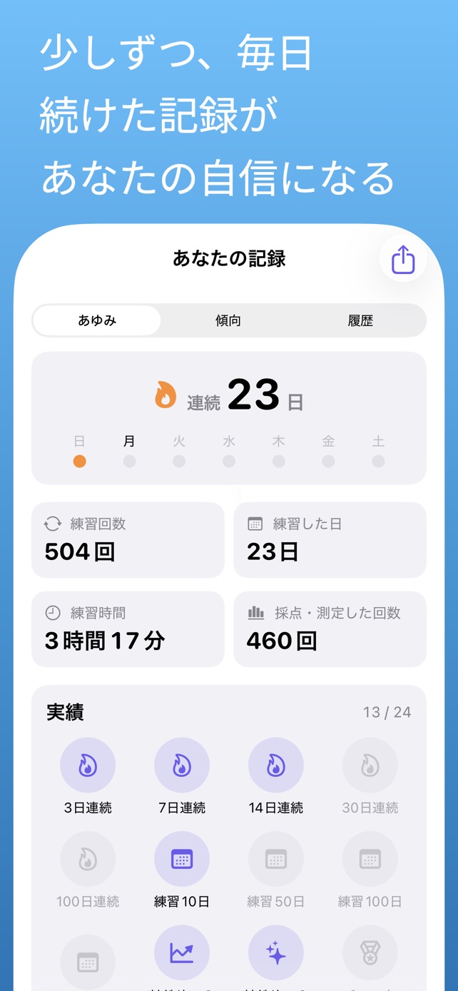 少しずつ、毎日。続けた記録があなたの自信になる｜あなたの記録画面。連続日数・練習回数・実績バッジが並ぶ